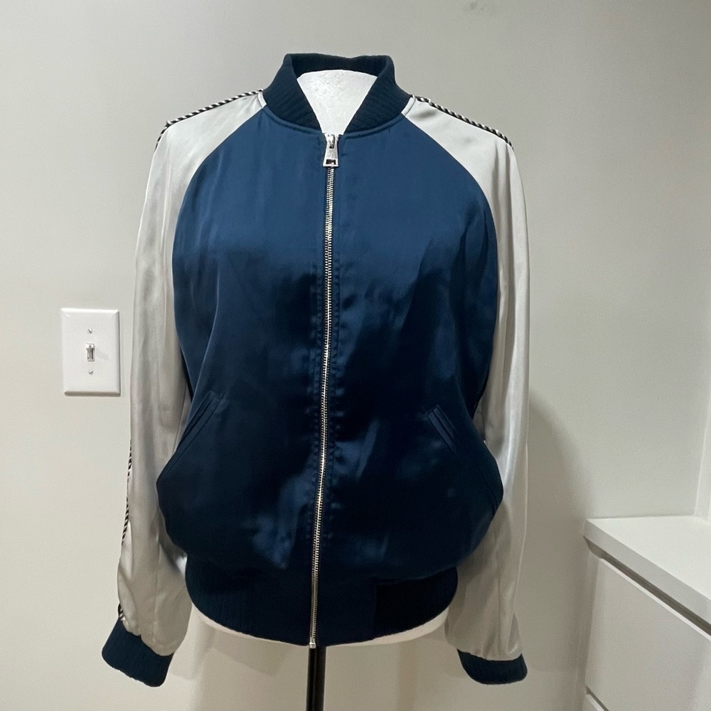 The Kooples Burnt Sunrise Satin Bomber Jacket Unisex Lightweight Casual Baseball